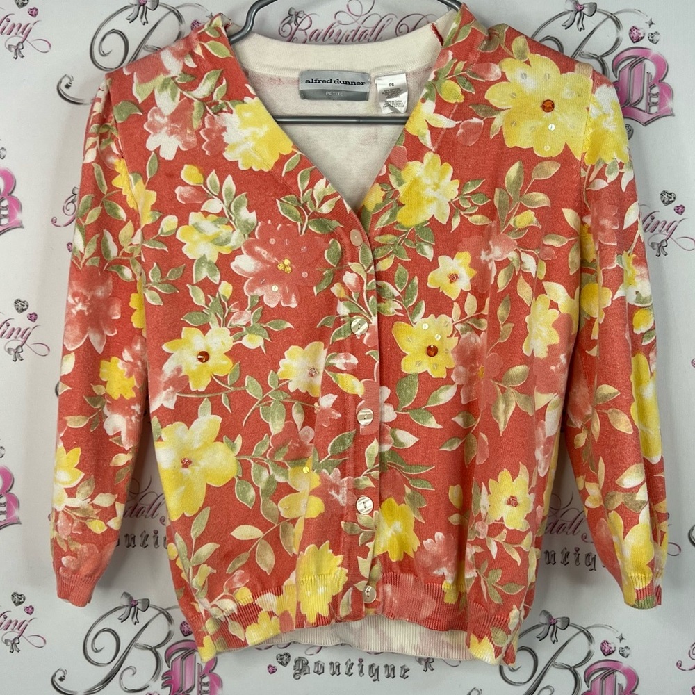 Alfred dunner cardigan flowers sequins sparkly Floral Button-Up Cardigan